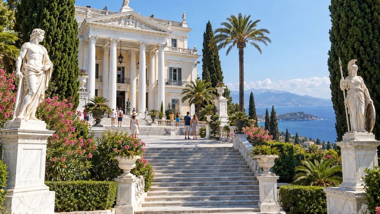 The Achilleion Palace and its gardens in summer