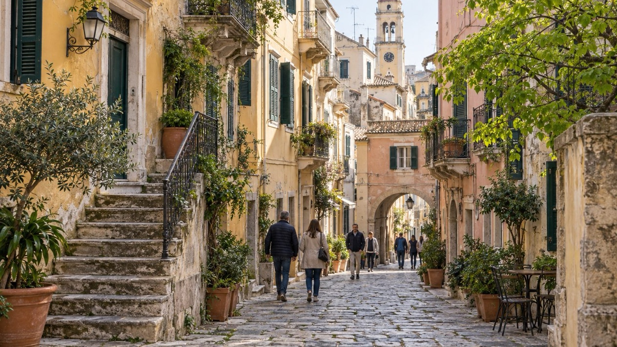 The alleys of Corfu Old Town in spring