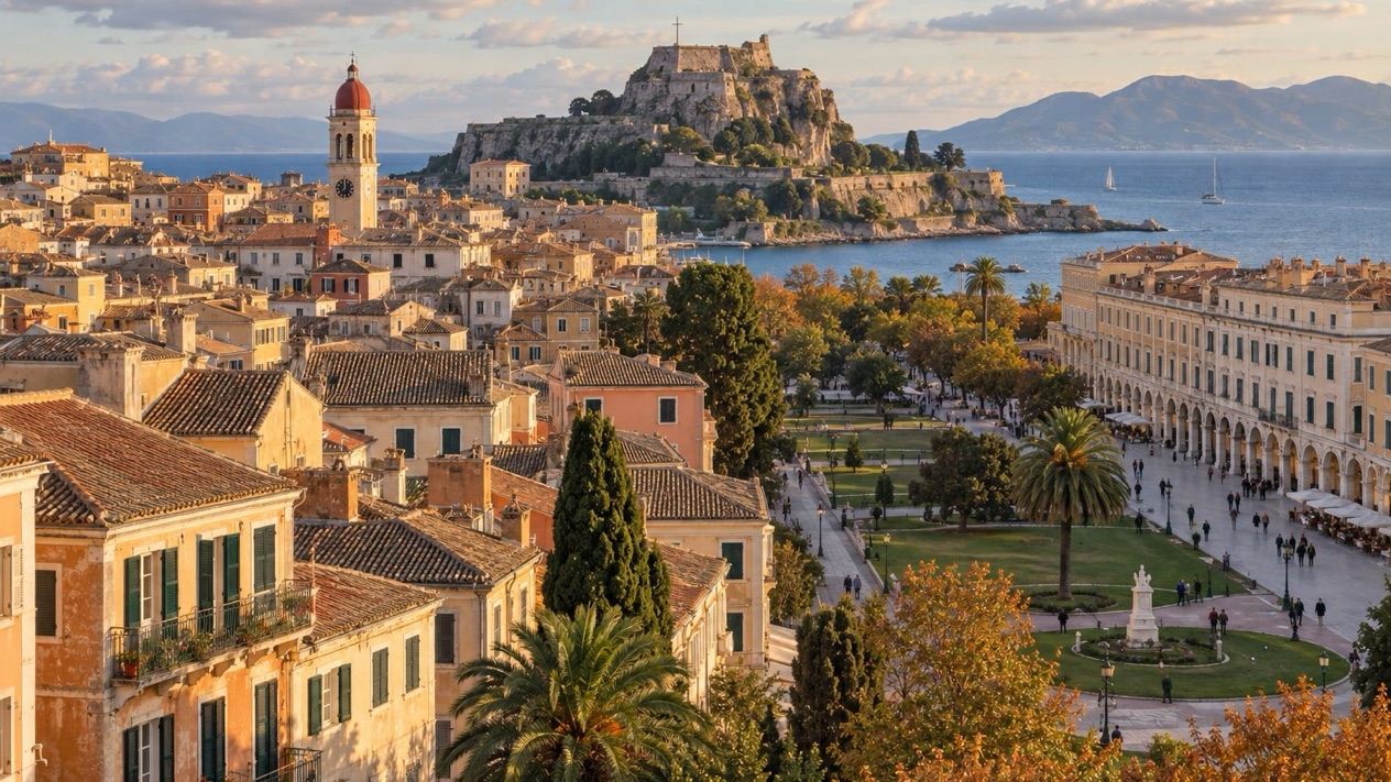 The old town of Corfu under the autumn sun