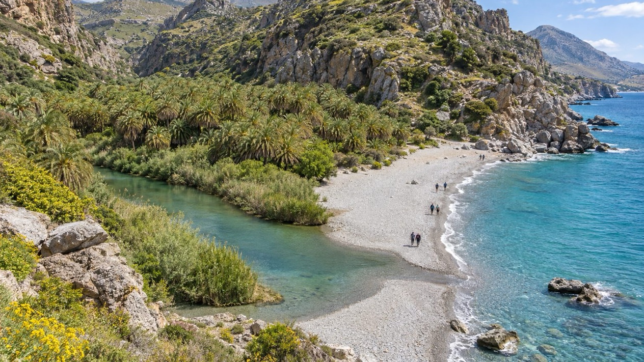 Preveli Beach in Crete with its palm grove and cliffs in spring
