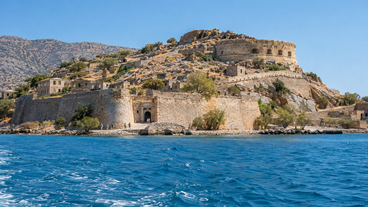 The island of Spinalonga and its Venetian walls in summer