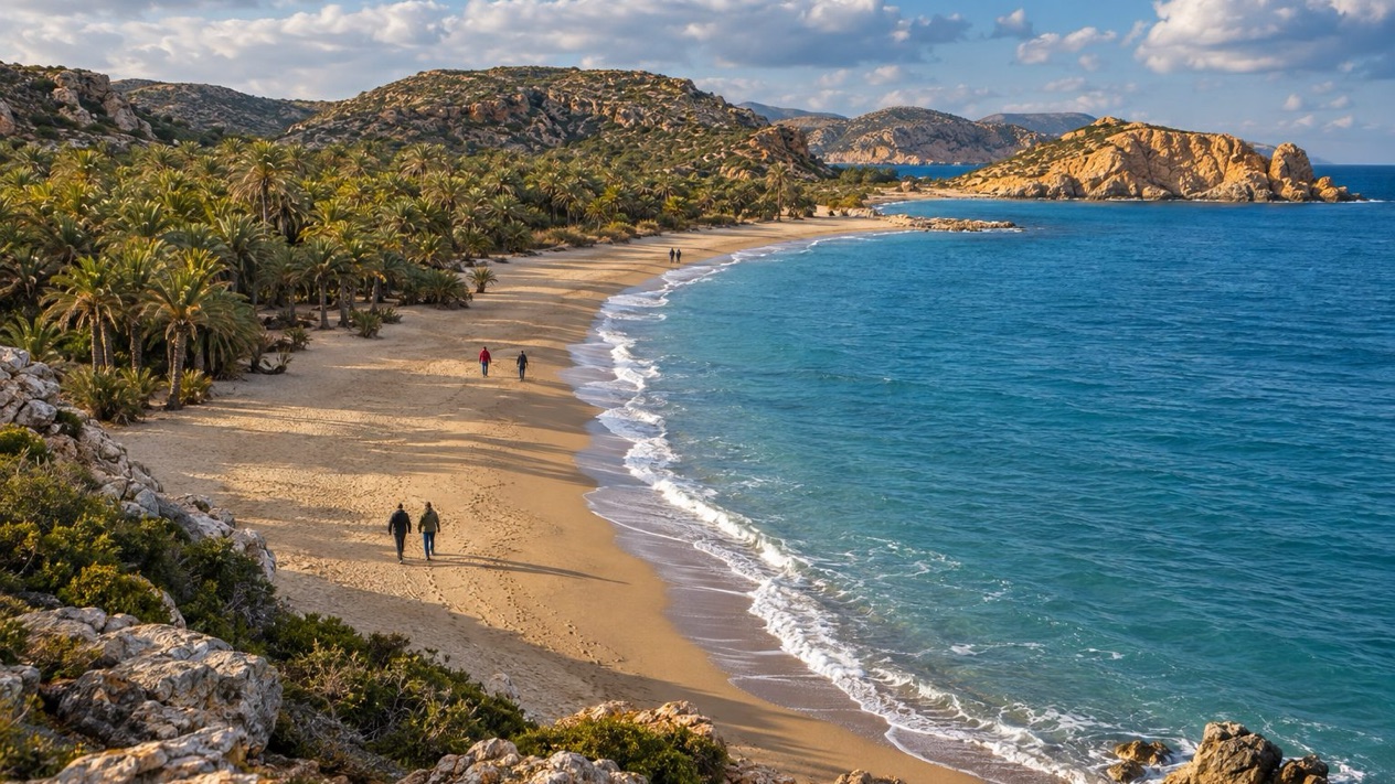 Vai beach and its palm grove, in Crete, under the winter sky