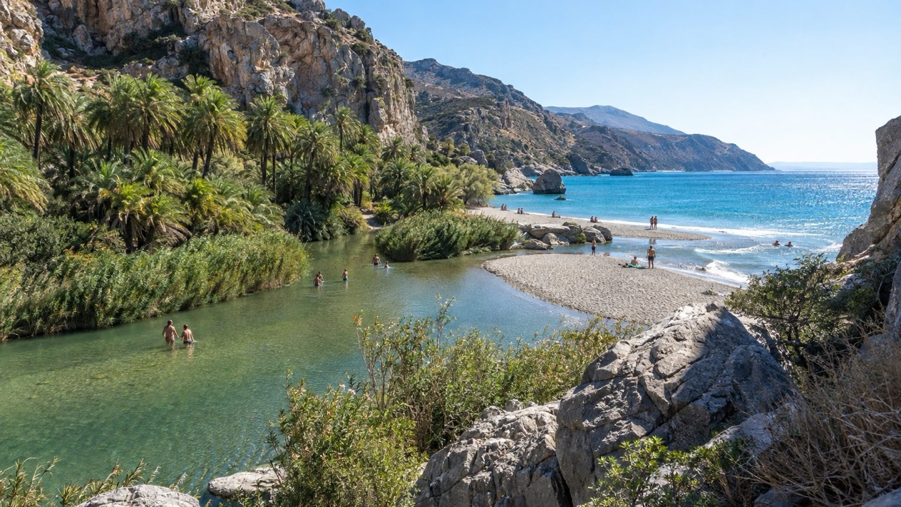 Preveli beach between palm trees and sea in summer