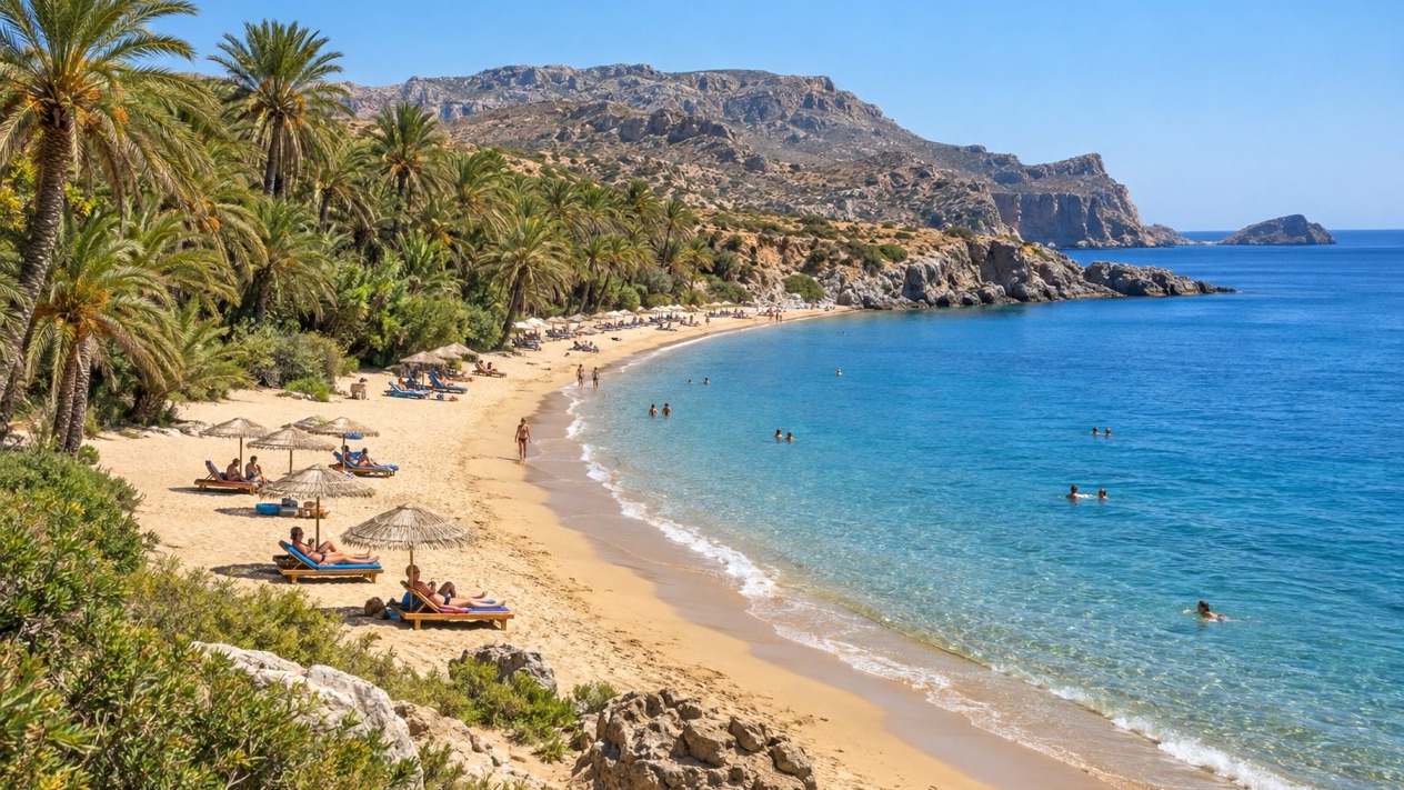 Vai beach and its palm grove in Crete in summer