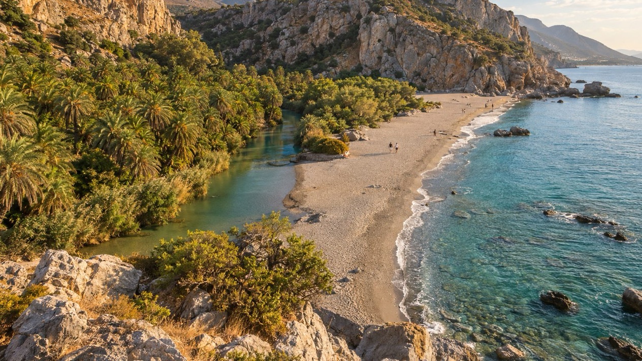 Preveli beach and its palm grove, in Crete, in autumn