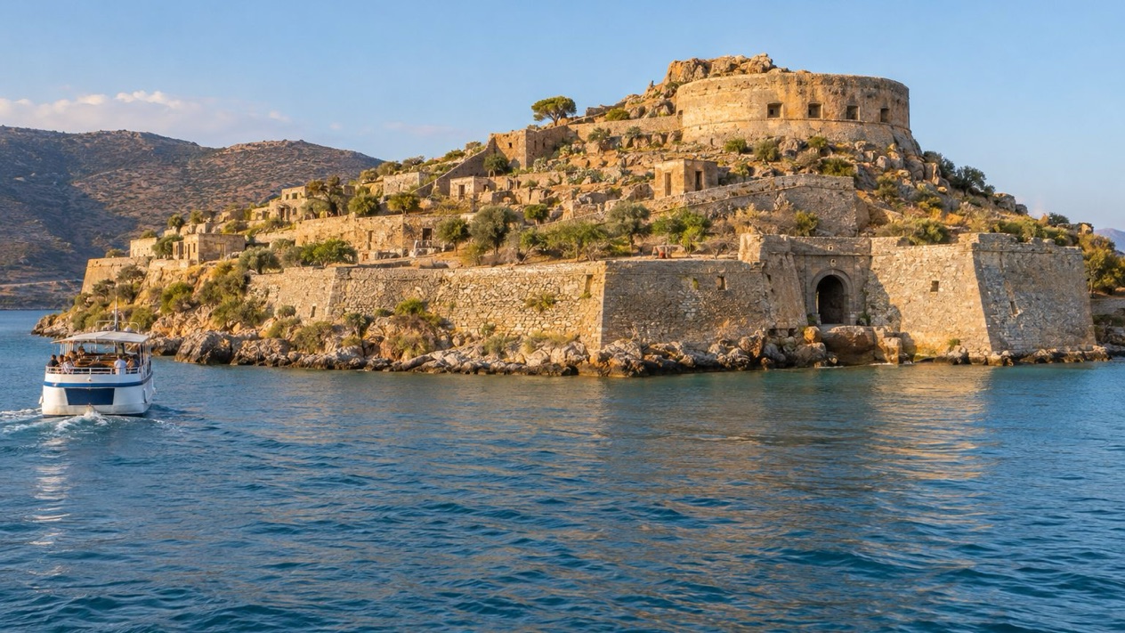 The islet of Spinalonga, in Crete, bathed in autumn light