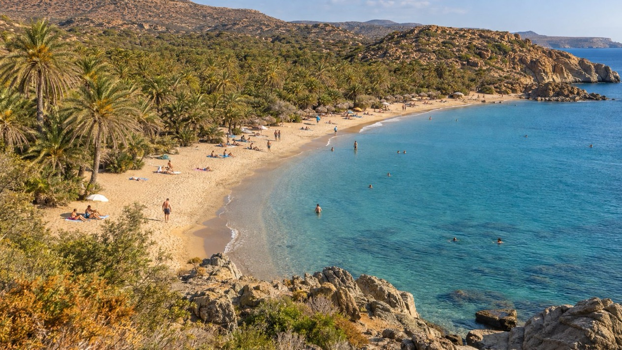 Vai beach and its natural palm grove, in Crete, in autumn