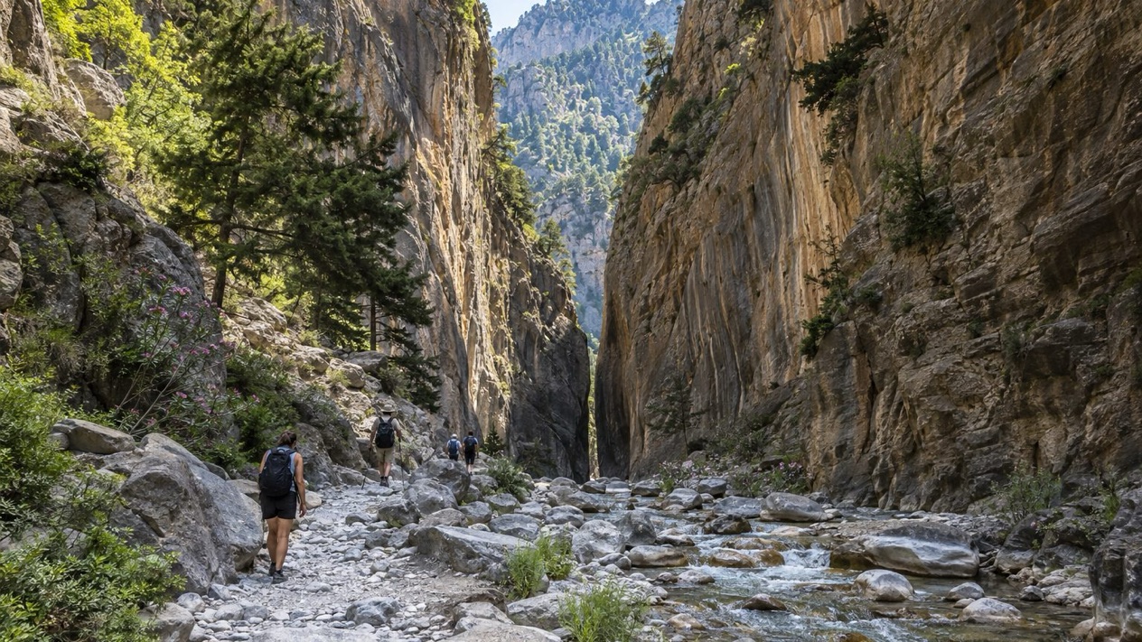 Samaria Gorge, in Crete, with its high rocky walls in spring