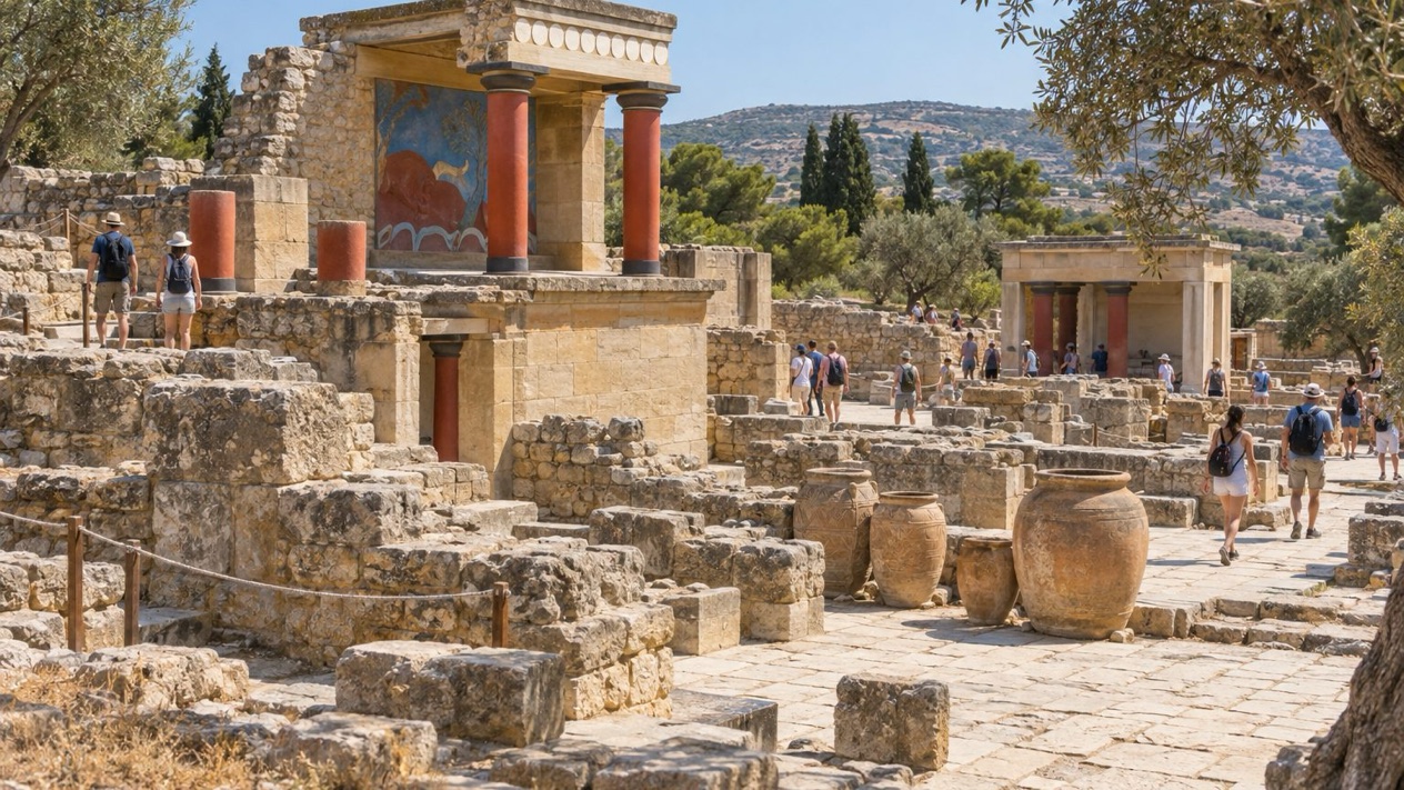 Knossos Palace, in Crete, with its reconstructed red columns in autumn