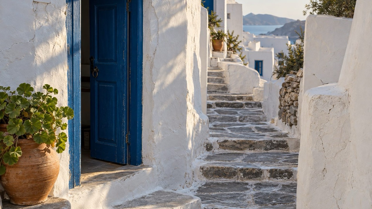 White alley and blue door in the Cyclades in autumn