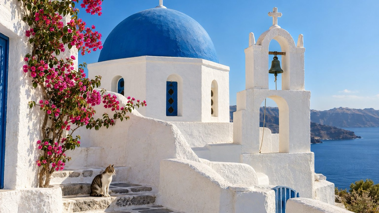 Detail of a blue-domed church in the Cyclades in spring