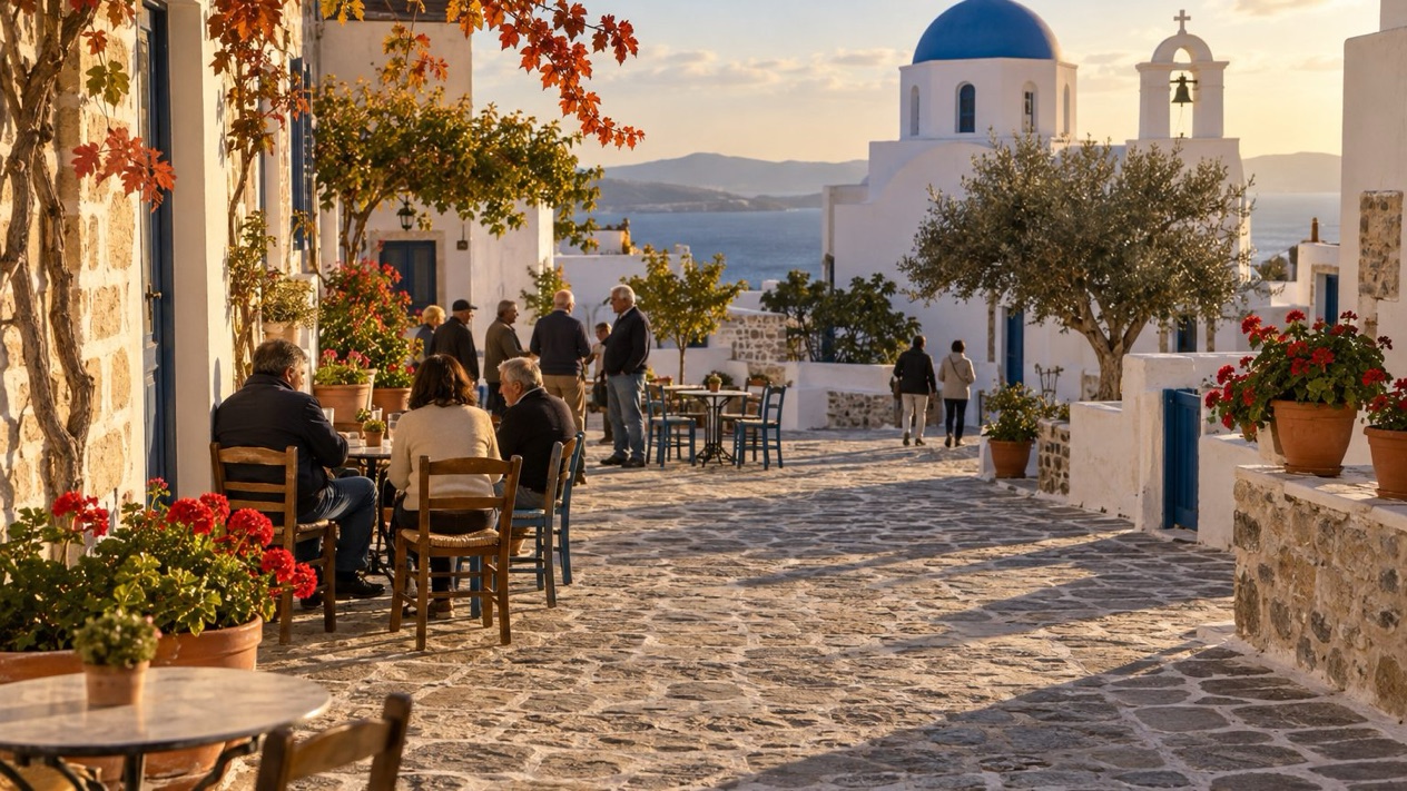 Peaceful square in a Cycladic village in autumn
