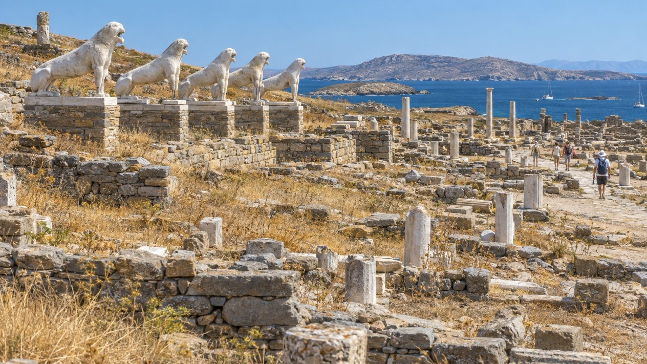 The archaeological site of Delos, with the Terrace of the Lions, in summer