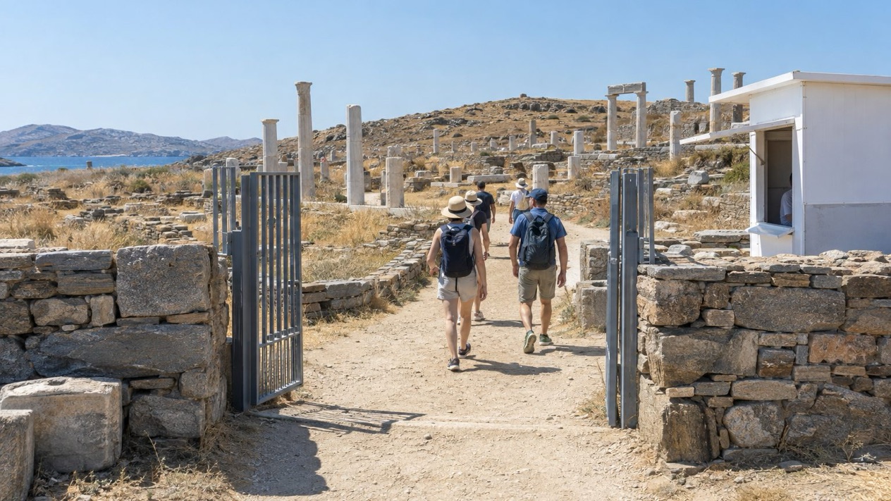 The entrance to the Delos site in the summer sun