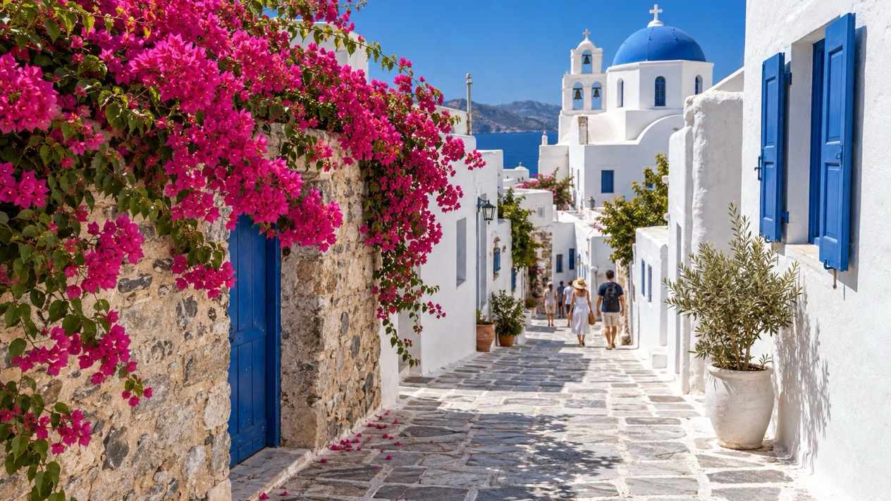 Whitewashed lane in a Dodecanese village in summer