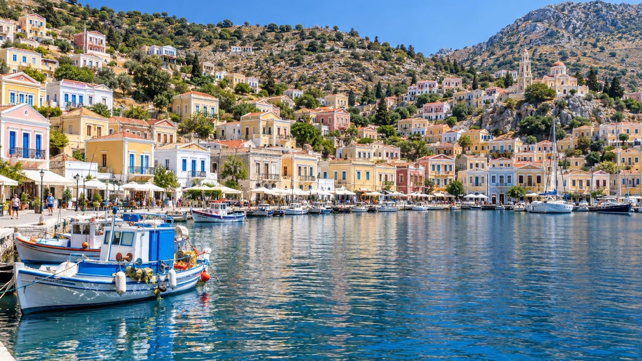 Symi harbor in the Dodecanese in summer