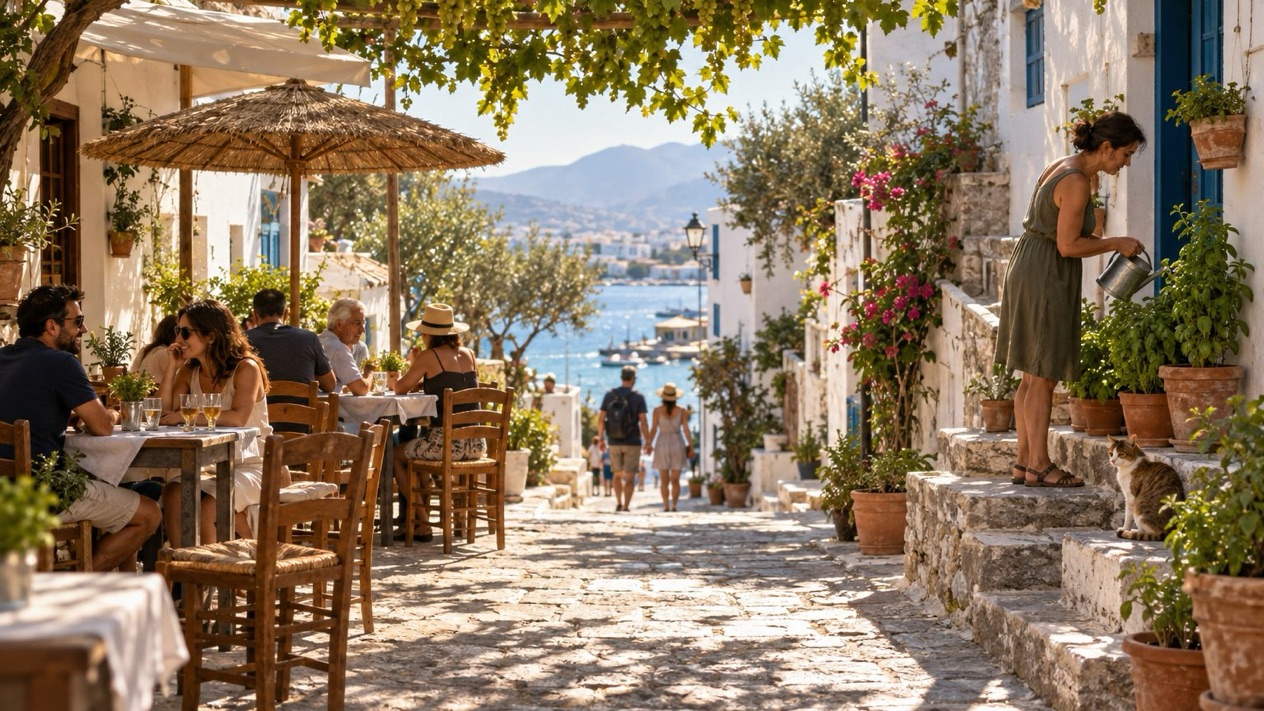 A lively alley in Agios Nikolaos, in Crete, in summer