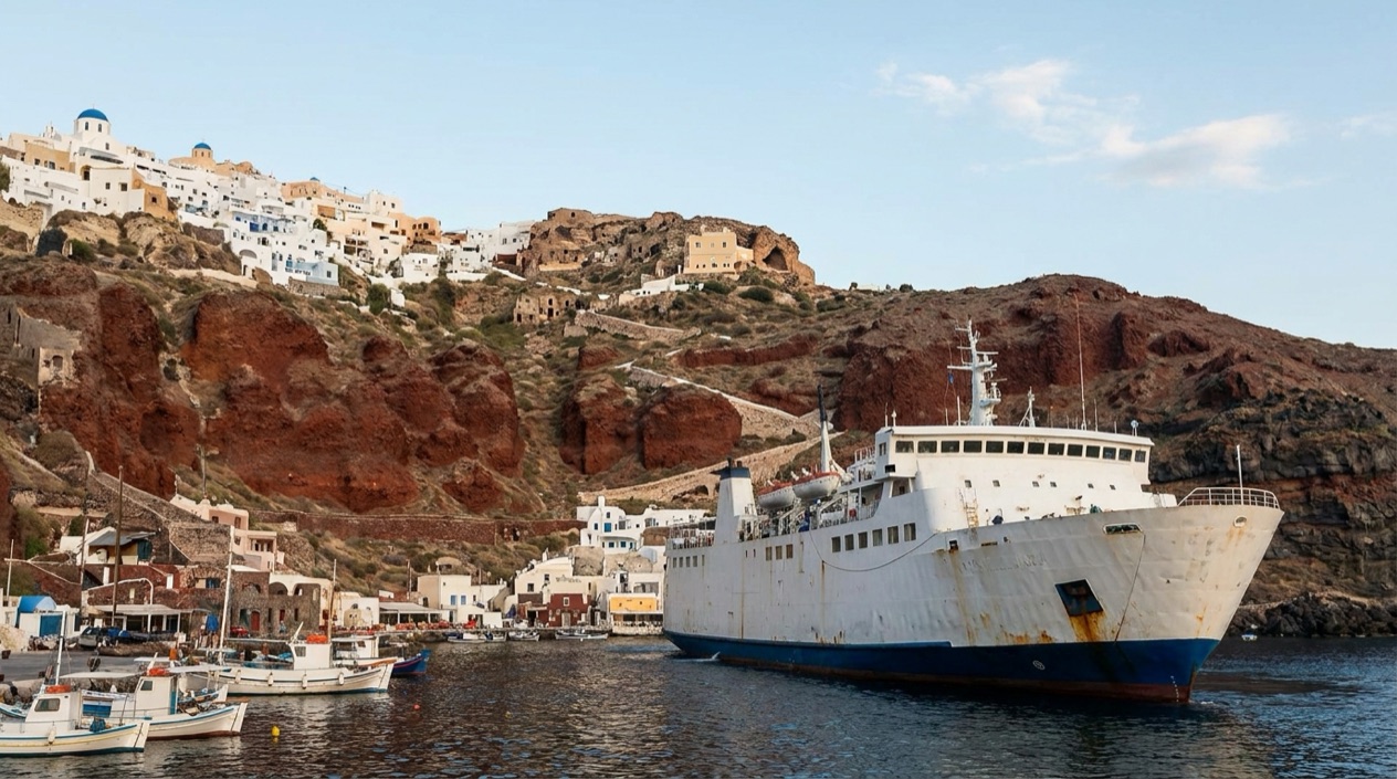 A ferry arriving at Santorini