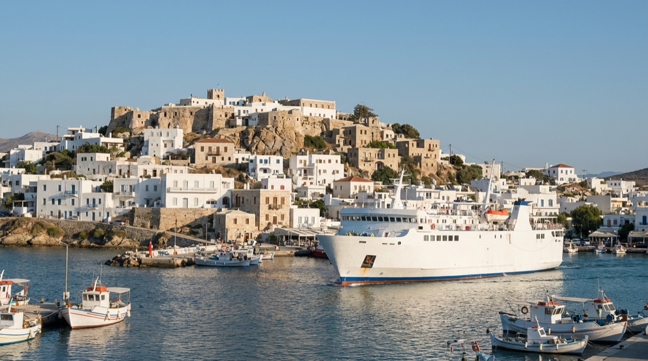 A ferry arriving at Naxos