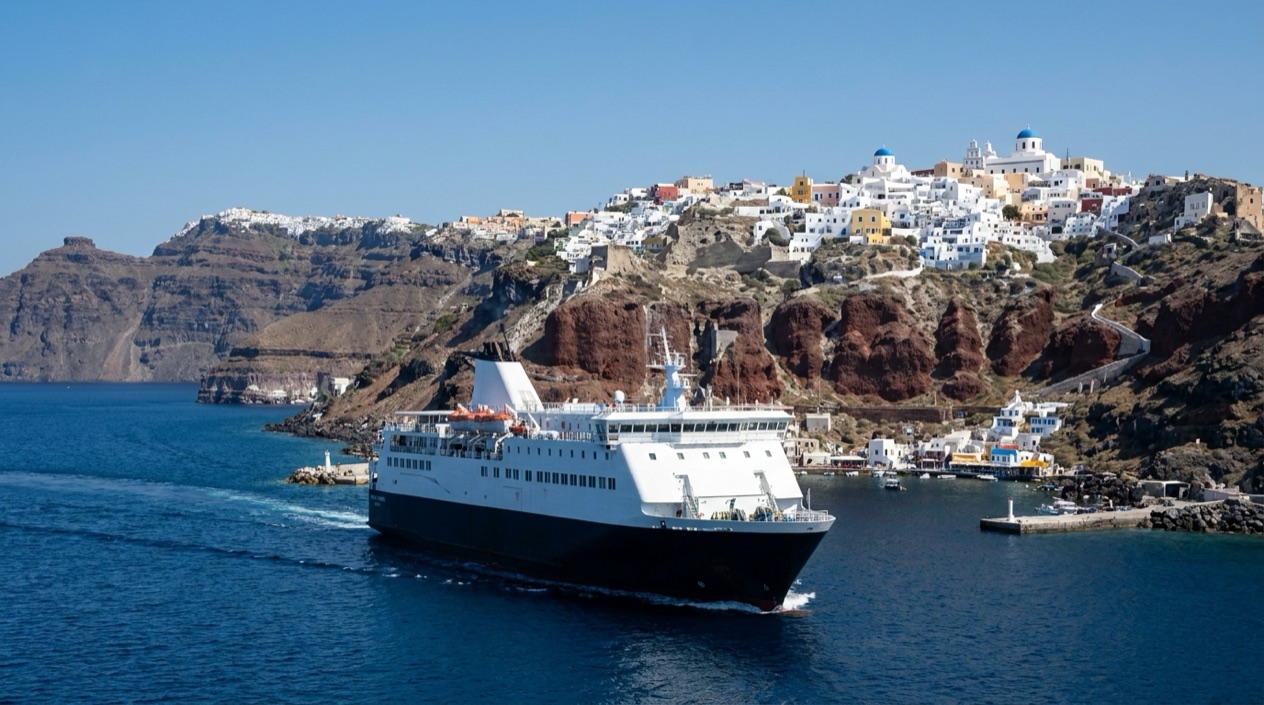 A ferry arriving at Santorini