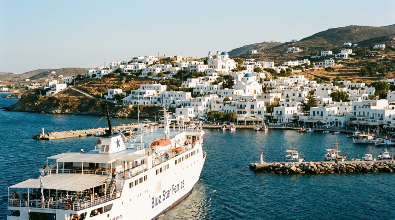 A ferry arriving at Paros