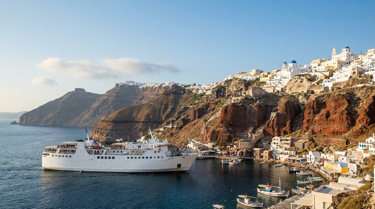 A ferry arriving at Santorini