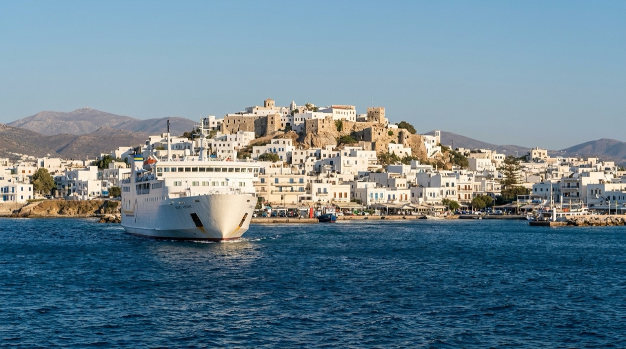 A ferry arriving at Naxos