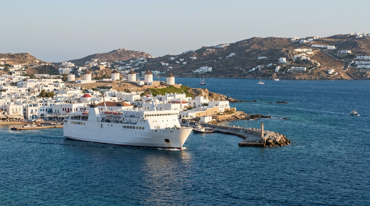 A ferry arriving at Mykonos