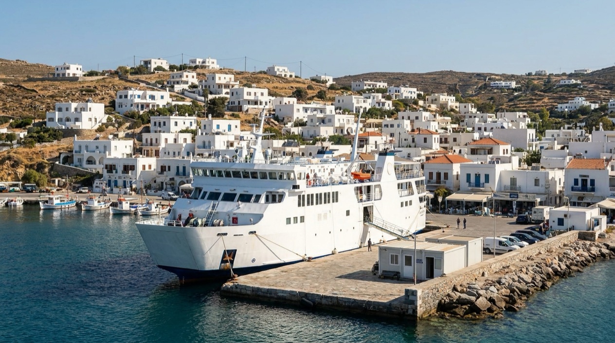 A ferry at a Greek island port
