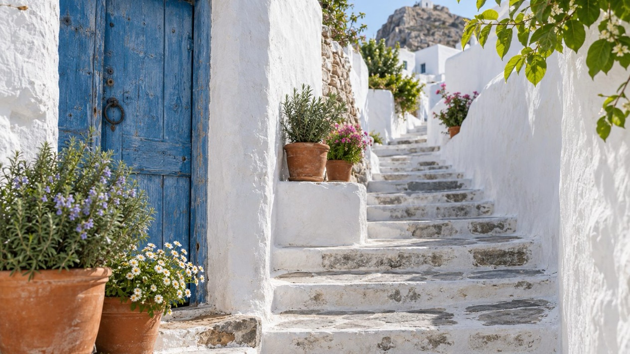 Whitewashed staircase and blue door in Folegandros in spring