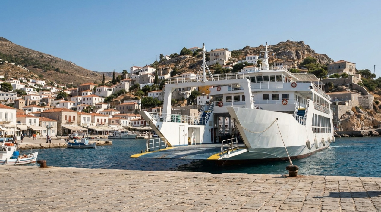 A ferry at a Greek island port