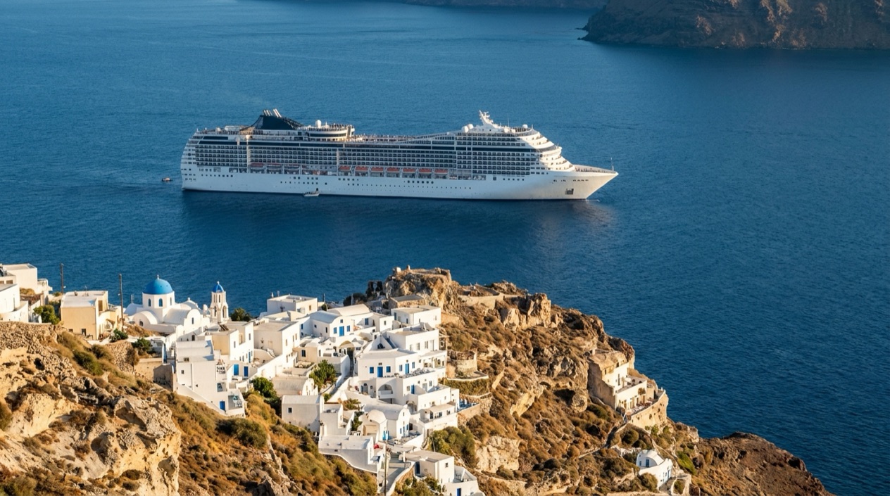 A cruise ship off a Greek island