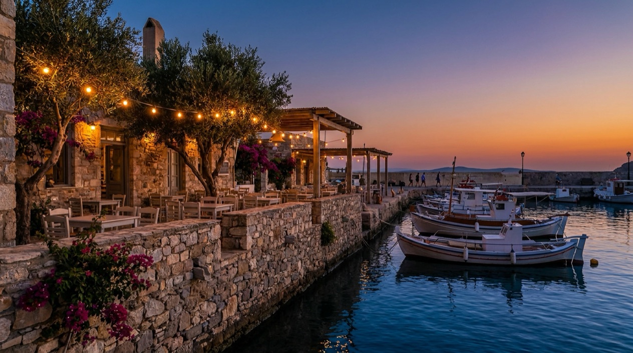 A seafront bar at dusk