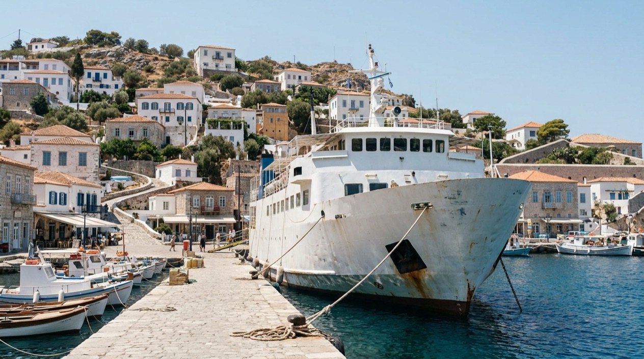 A ferry at a Greek island port