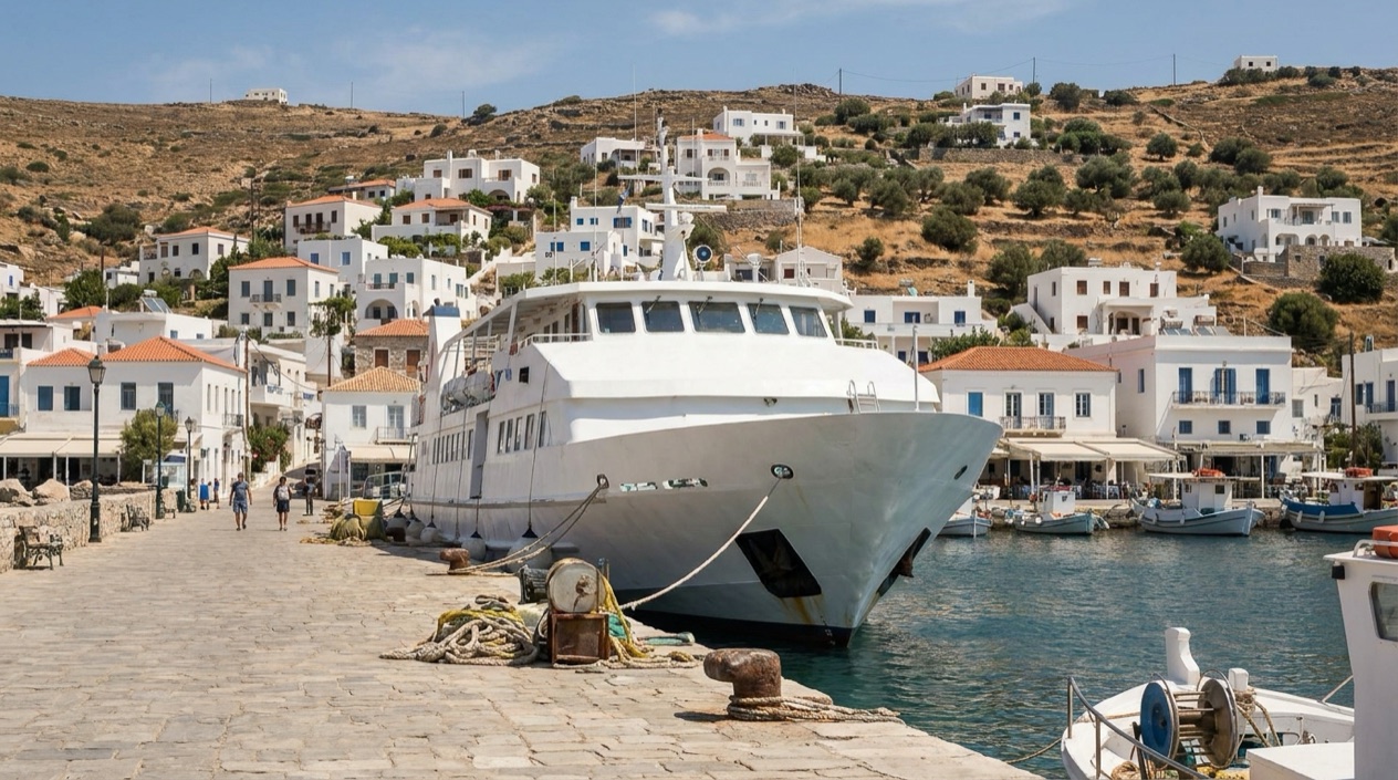 A ferry at a Greek island port