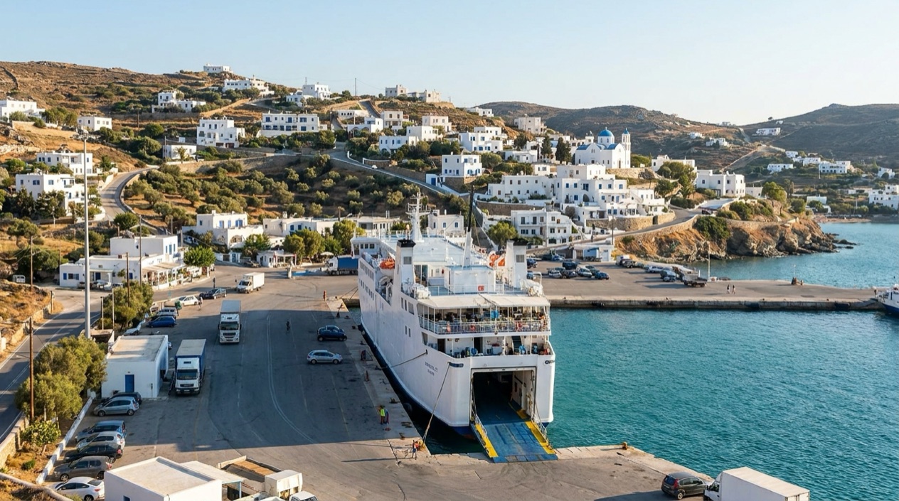 A ferry at a Greek island port