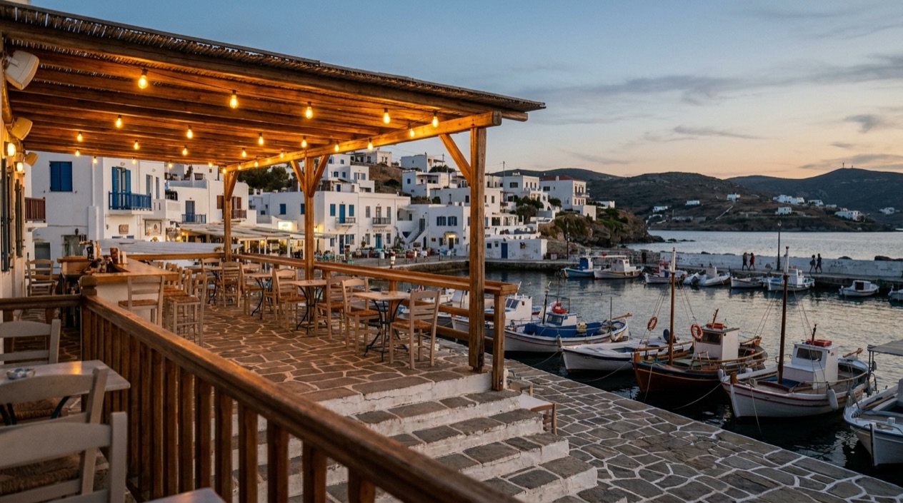 A seafront bar at dusk