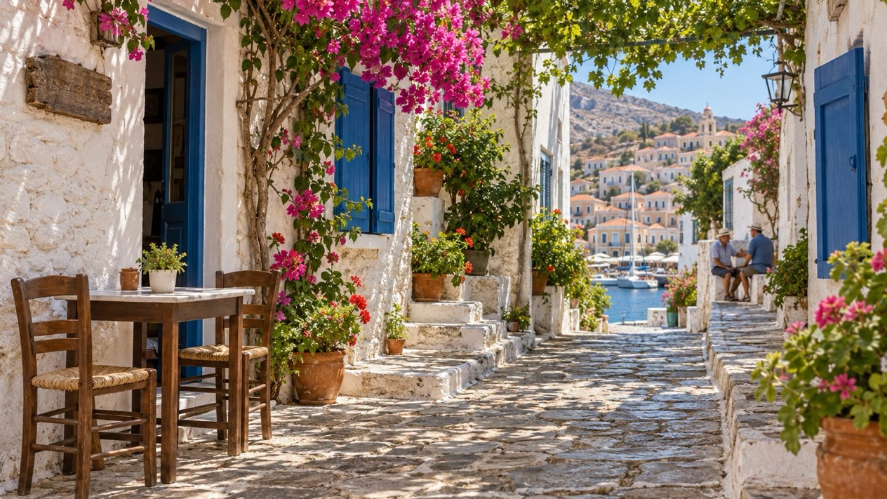 A whitewashed lane in Halki, Greece, in summer