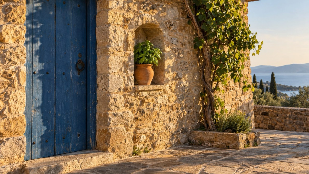 A blue door in a stone wall in Chalkidiki