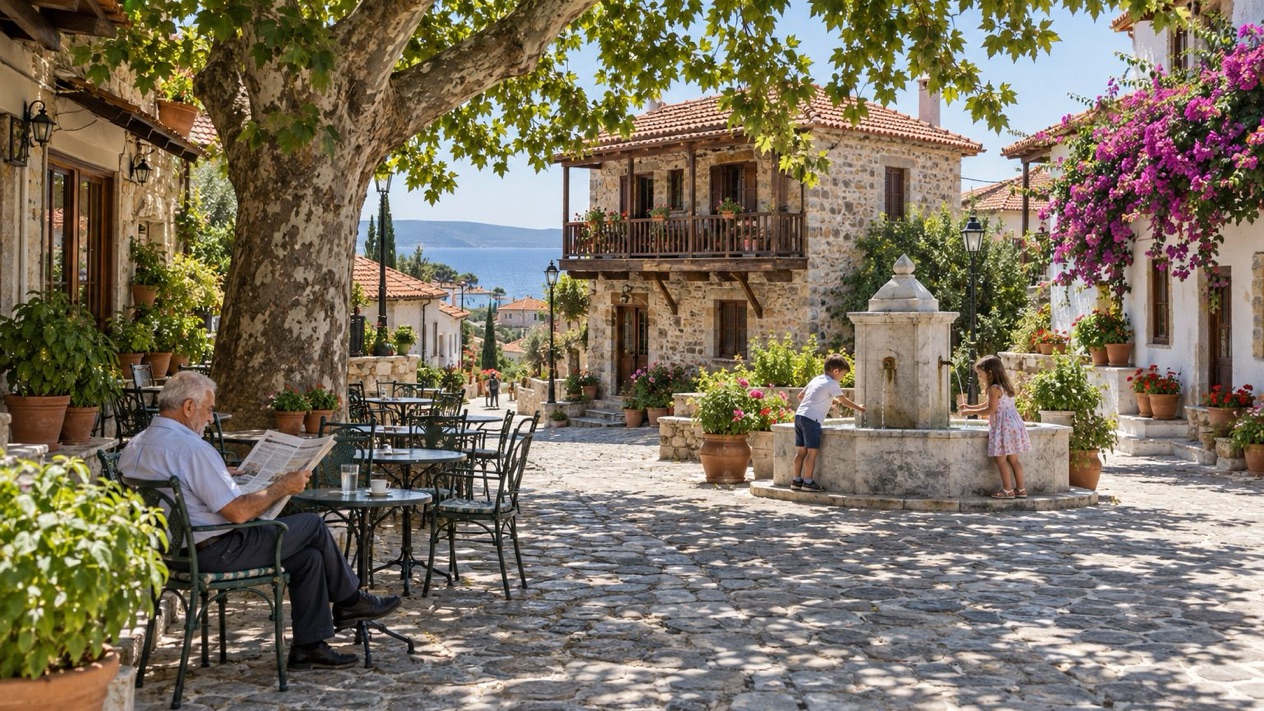 A village square in Chalkidiki in summer