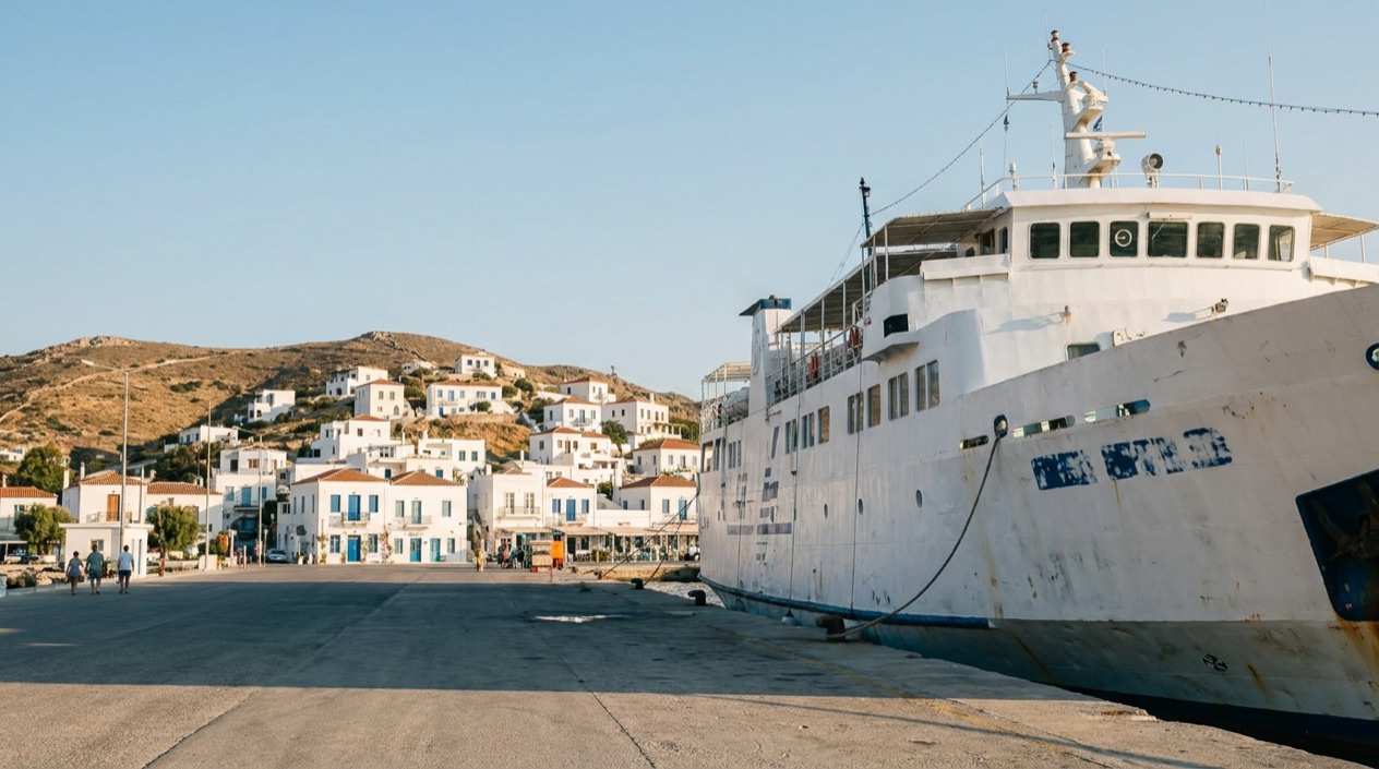 A ferry at a Greek island port