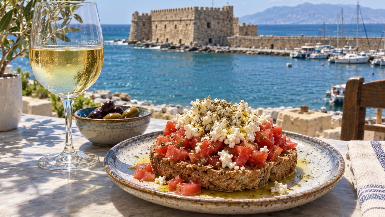 A Cretan dakos served on a terrace in Heraklion in summer