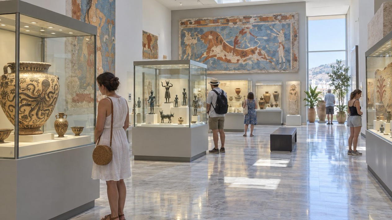 The rooms of the Heraklion Archaeological Museum in summer