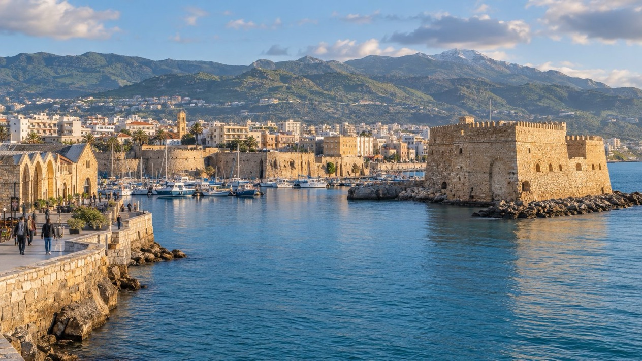 The port of Heraklion and its fortress in spring