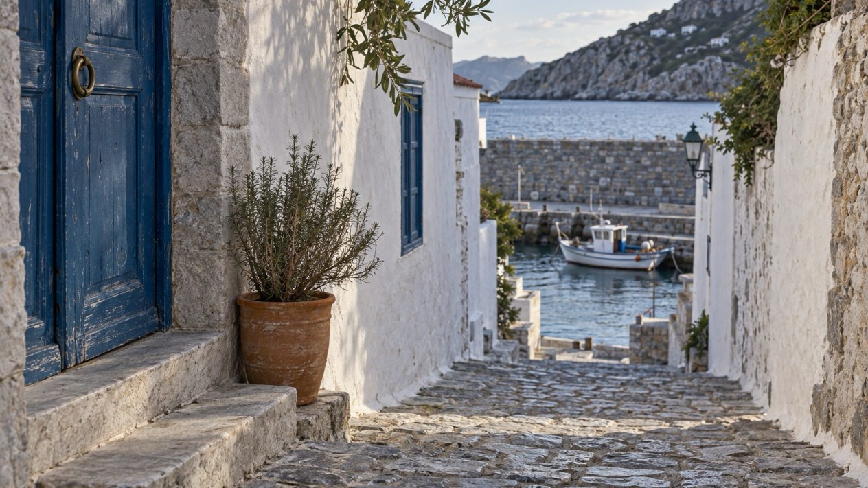 A paved alley in Hydra with blue doors in winter