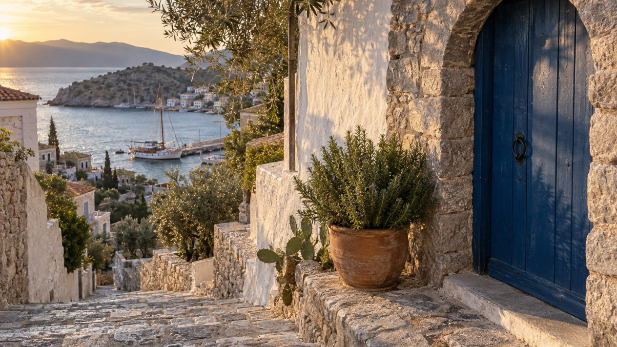 A stepped alley in Hydra in autumn light