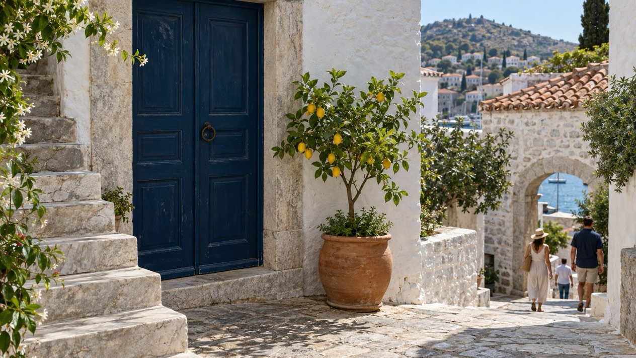 An interior courtyard in Hydra with white walls in spring