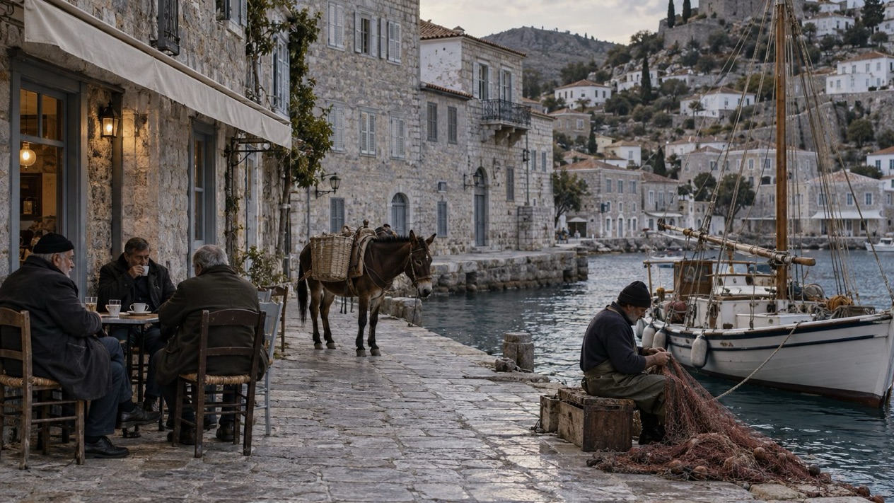 The waterfront of Hydra in the soft winter light