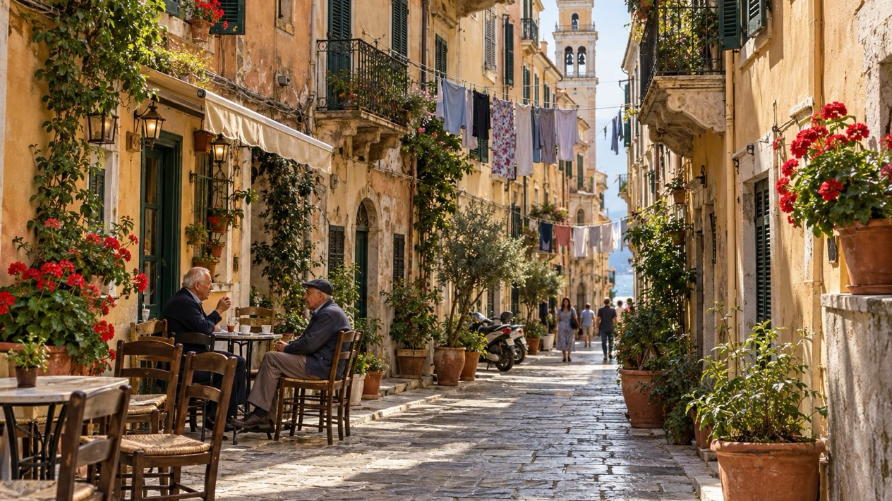 A street in the old town of Corfu, in spring