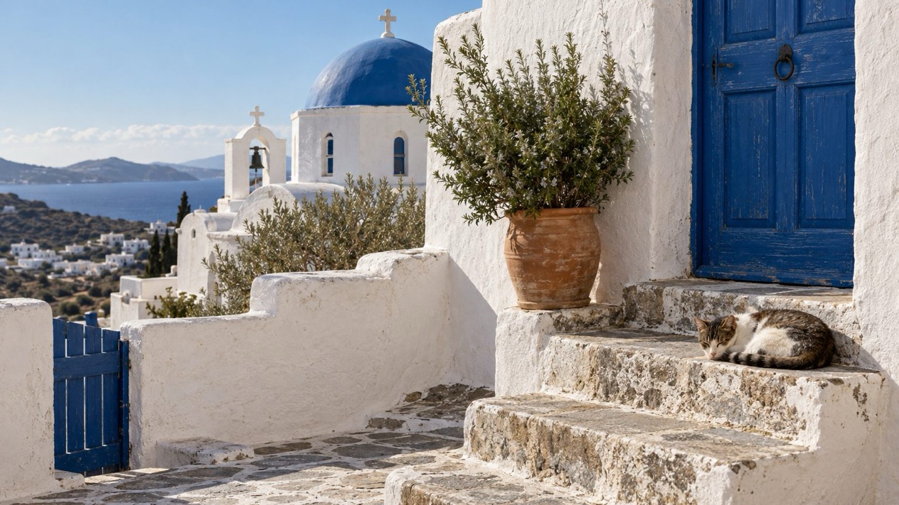 A white and blue courtyard, on Ios, in winter